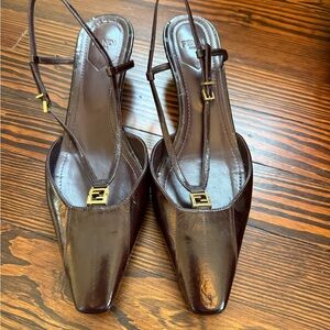 Fendi Dark Brown Leather Slingback Heels